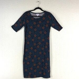 LuLaRoe Julia Dress Womens Medium Teal Blue Floral Elbow Sleeve Sheath JC001-6